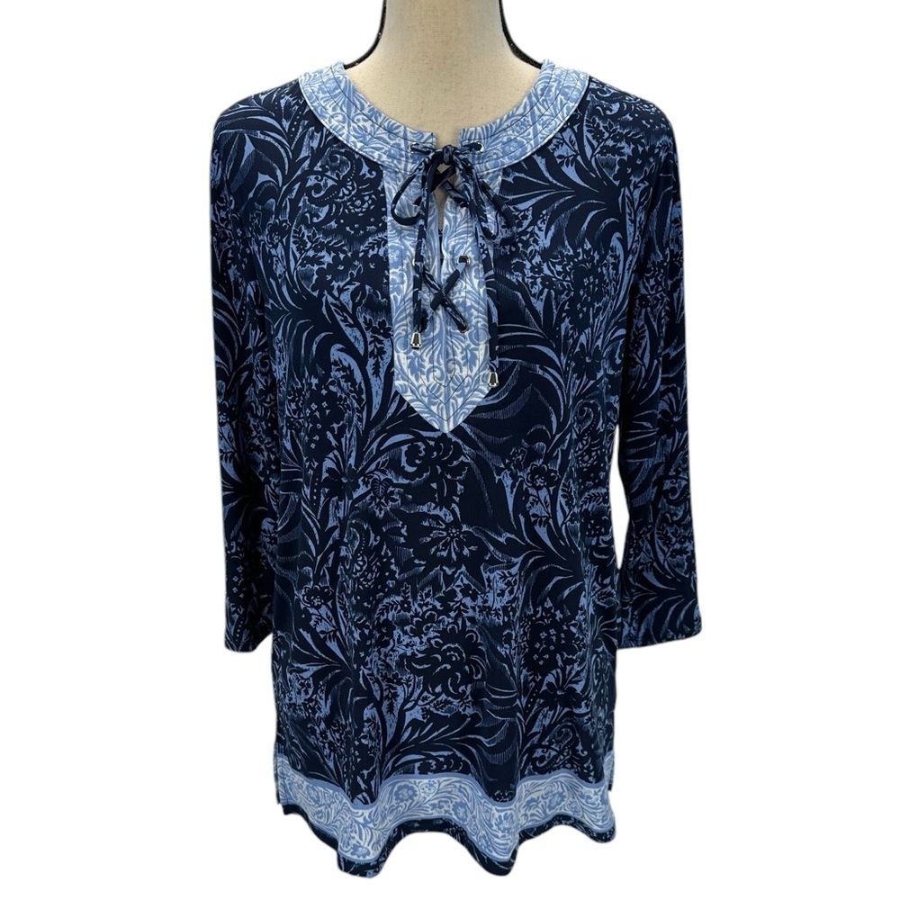JM Collection 3/4 Sleeve Lace Up Neck Floral Print Blouse - Blue - size Medium
